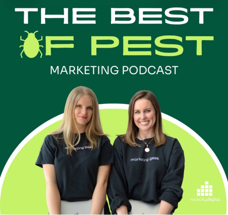 Two women in black marketing geek sweatshirts smile in front of a green The Best of Pest Marketing Podcast graphic featuring a bug illustration and the Rock City Digital logo in the corner.