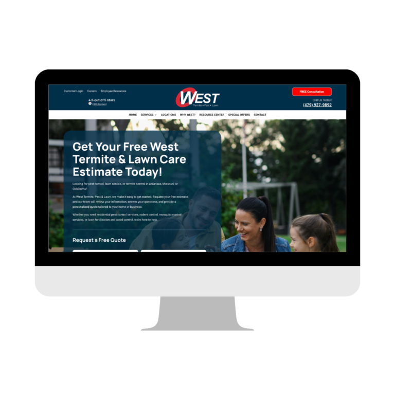 A computer screen displays the West Termite & Lawn Care website, featuring a family in a backyard and a call to action for a free estimate. The navigation menu and company contact information are visible at the top.